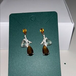 Silver-Tone Drop Earrings with Amber and Aquamarine-Colored Stones